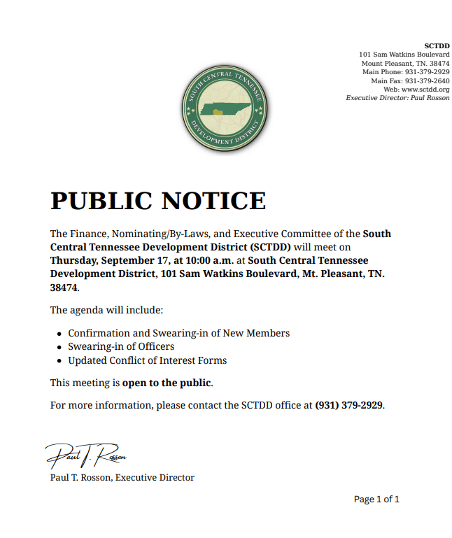public notice 9.17 -  South Central TN Development District